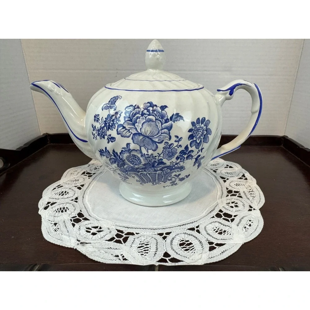 Vintage Royal Crownford Charlotte Blue and White Floral Ceramic Teapot Ironstone